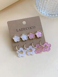 LADYCOCO 4對時尚可愛粉色/白色五葉草耳環附五花吊墜耳環套組，適合女性日常配戴 - 彩色 - 查看 4
