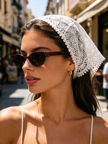 1pc Vintage Artistic Hollow Lace Crochet Triangular Headscarf With Delicate Tassel Trim, Breathable Tie-Up Hair Band, European And American Women's Small Town Travel Photography, French Style Wedding Bride Lazy Elegant Hair Accessory - Multicolor - View 8