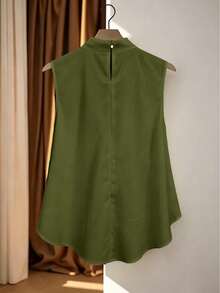 Women's Summer New Fashion Elegant Casual High-Low Hem Bow Collar Sleeveless Top - Army Green - View 3
