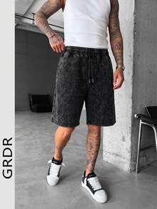 GRDR Men's Black Washed Texture Knit Drawstring Casual Shorts, Suitable For Commuting And Daily Wear - Black - View 3