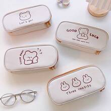 1pc Cute Cartoon Bear Rabbit Canvas Pencil Case, Minimalist Line Animal Print Pen Bag, Large Capacity Zipper Stationery Storage Pouch, Kawaii Simple Design, Portable Student Pencil Holder For School, Office & Back To School Gift - Flip-top Pencil Case - View 1