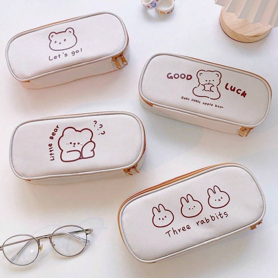 1pc Cute Cartoon Bear Rabbit Canvas Pencil Case, Minimalist Line Animal Print Pen Bag, Large Capacity Zipper Stationery Storage Pouch, Kawaii Simple Design, Portable Student Pencil Holder For School, Office & Back To School Gift - Flip-top Pencil Case - View 1