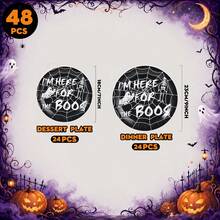 20/24/40pcs Minimalist Black & White Spider Web Ghost Skull 7/9 Inch Round Paper Plate & Cup Set, Halloween Disposable Tableware, Gothic Style Dessert Table, Haunted House Dinner, Picnic, Camping BBQ And Buffet Decoration - Multicolor - View 12