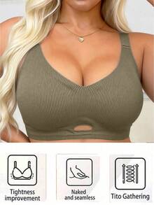 1件女性大胸罩軟支撐薄款無鋼圈聚攏深V內衣，可調式肩帶，無鋼圈支撐，後扣式，舒適無縫，適合日常穿著 - 棕色 - 查看 1