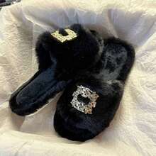 Autumn/Winter Solid Color Plush Slip-On Women's Button Decor House Slippers, Runs One Size Smaller Than Standard - Black - View 3