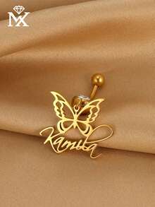 Customizable English Name Fashion Cubic Zirconia Butterfly Belly Button Piercing, Made Of Stainless Steel, Classic And Timeless, Simple And Beautiful, Unique Design, Suitable For Multiple Occasions, Wearable All Year Round, Perfect Surprise Gift For Mother, Grandmother, Friends And Family On Christmas, Thanksgiving, Birthday And Family Gatherings - Gold - View 3