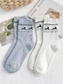 4 Pairs/2 Pairs/1 Pair Korean Sweet Cute Style Mid-Calf Socks With Ruffle Trim, Unisex Autumn/Winter Fair Isle Pattern, Versatile For Women's Home, Daily Wear, Layering With Boots - Multicolor - View 14