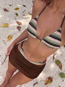 女款夏季海灘波浪圖案露背性感比基尼3件式泳衣套裝，含遮陽罩裙度假款 - 彩色 - 查看 3