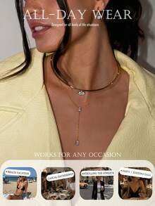 2pcs Rhinestone Choker & Y-Shaped Necklace Set, Smooth Open Metal Choker + Marquise Teardrop Rhinestone Y-Shaped Pendant Necklace, Women's Minimalist Shiny Everyday Layered Collarbone Jewelry - Rhinestones - View 3
