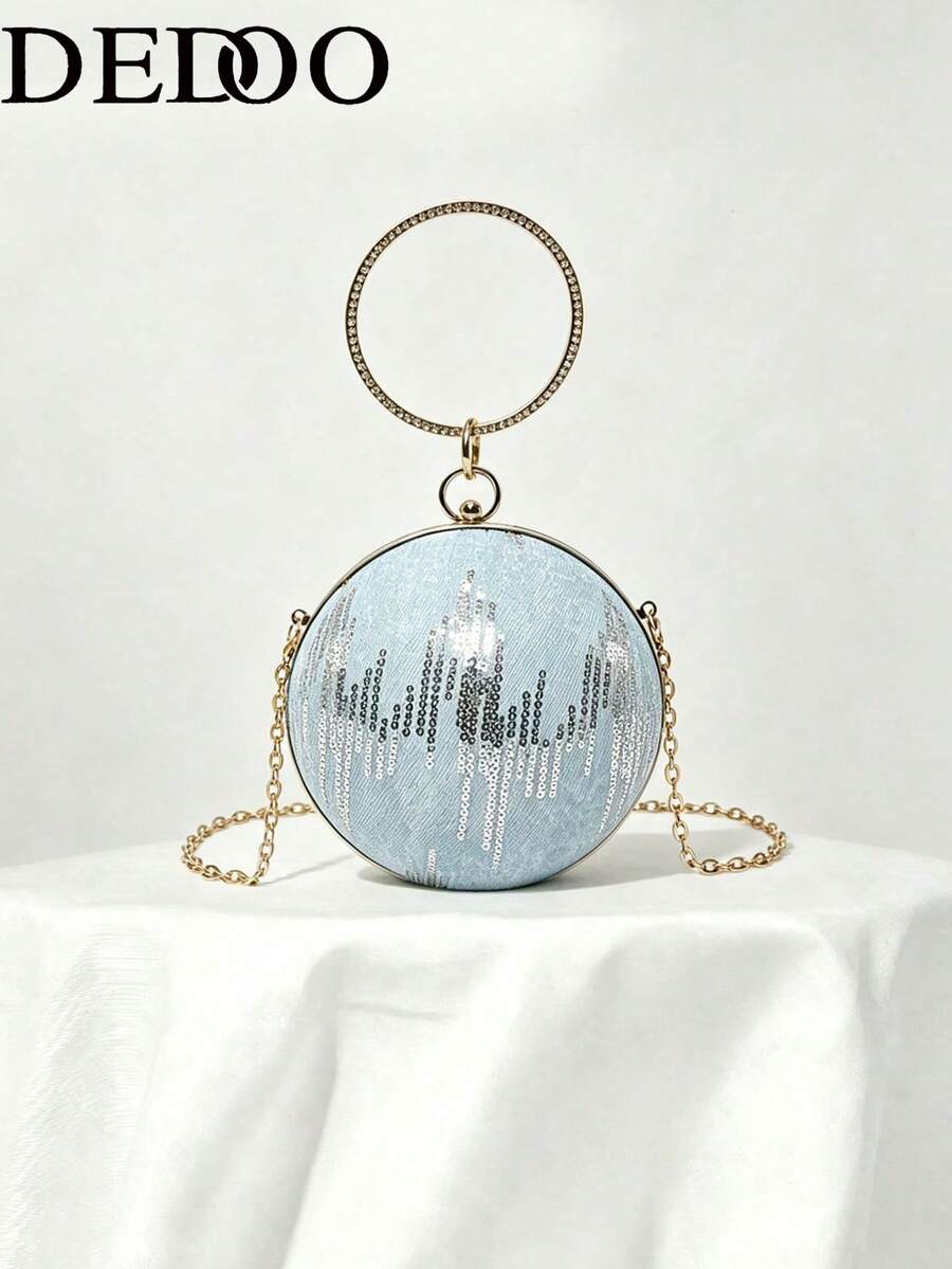 Round Spherical Clutch Bag, Sequin Wavy Pattern, Rhinestone Ring Handle, Detachable Chain Shoulder Strap, Crossbody & Handheld, Suitable For Party, Ball, Wedding, Summer Women - Baby Blue - View 1