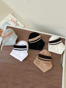 1/5雙男士雙條紋袖口短襪，中性大地色系羅紋低筒復古休閒襪 - 彩色 - 查看 6