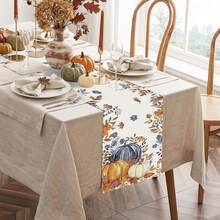 1 pieza Camino de mesa de otoño, estampado de calabaza naranja azul blanco, flores silvestres azules y hojas de arce en acuarela, camino de mesa de poliéster, decoración de mesa de comedor estilo granja para cosecha de otoño y Acción de Gracias - Multicolor - Ver 4