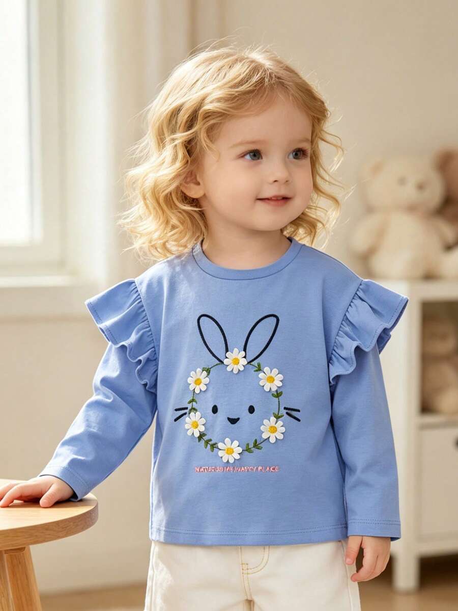 Camiseta de manga larga para niña en Pascua, con estampado y parche gráfico de conejo de dibujos animados, top de moda para otoño - Azul - Ver 1