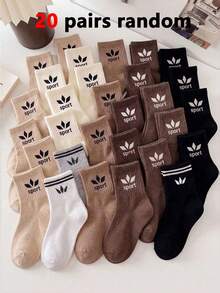 20 Pairs Kids Athletic Crew Socks Back To School, Ribbed Sports Letter Print Breathable Socks For Boys Girls, CoffeeBrownBeigeSchoolWearPack1-16Y - Multicolor - View 24