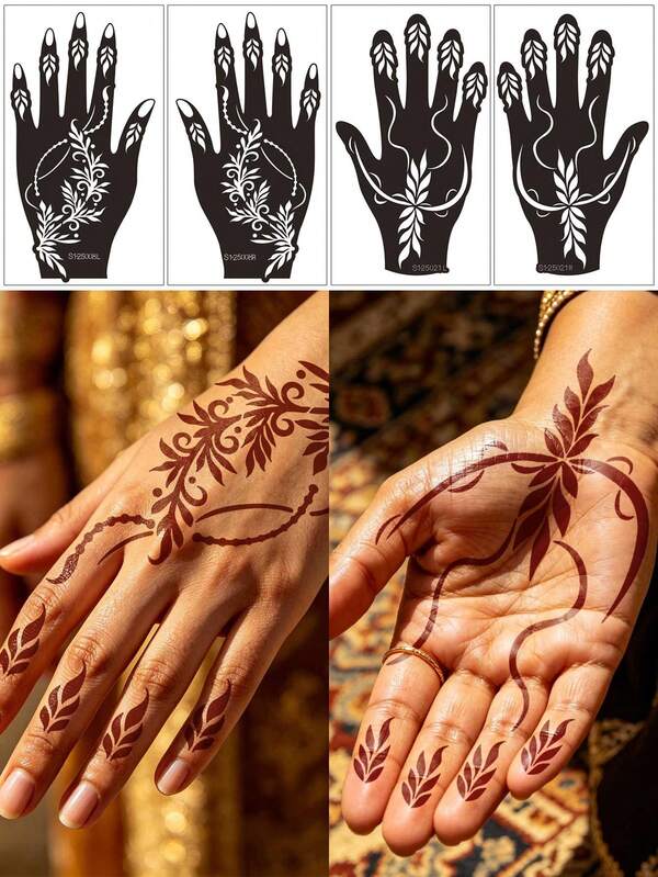 2 Pairs Reusable Symmetrical Hand Henna Tattoo Stencil Set, Minimalist Vine Mehndi Stencils, Fits Palm And Back Of Hand, Suitable For Festivals And Daily Body Art
