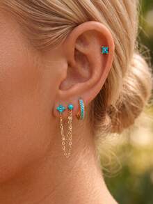 6pcs Exquisite Dazzling Earring Sets Earrings Stack Golden Copper Color Turquoise Color Stone Zirconia Hoop Stack Gifts For Women - Earring Set - View 3