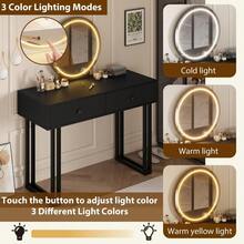 Escritorio moderno de vanidad led con espejo iluminado, mesa de vanidad de maquillaje de iluminación de 3 colores ajustable con 2 cajones de almacenamiento, mesa de vestidor de marco de metal resisten - Negro - Ver 5