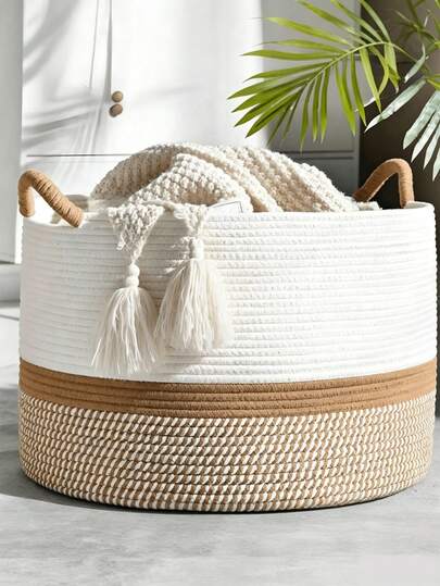 Large Laundry Hamper, Handle-Equipped Woven Storage Basket, Laundry Basket, Braided Cotton Rope Blanket Basket. Ideal For Living Rooms, Laundry Baskets, Pillow Storage,Storage Basket, Etc. Easily Stores Blankets, Clothing