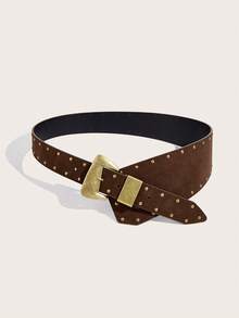 1pc Boho Women's Belt, Western Style Brown Rivet Waist Belt, Wide Belt, Festival Accessories, Vintage Asymmetrical Buckle Rivet Design, Y2K Girl Belt, Matches Coats, Pants, Skirts, Suitable For Casual, Parties, Gatherings, Campus, Music Festivals - Brown - View 2