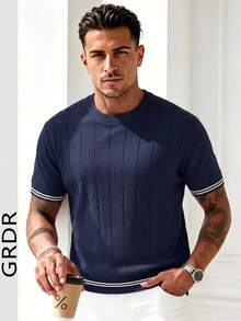GRDR Men's Summer Ribbed Crew Neck Loose Fit Thin Knit Short Sleeve Sweater - Navy Blue - View 3