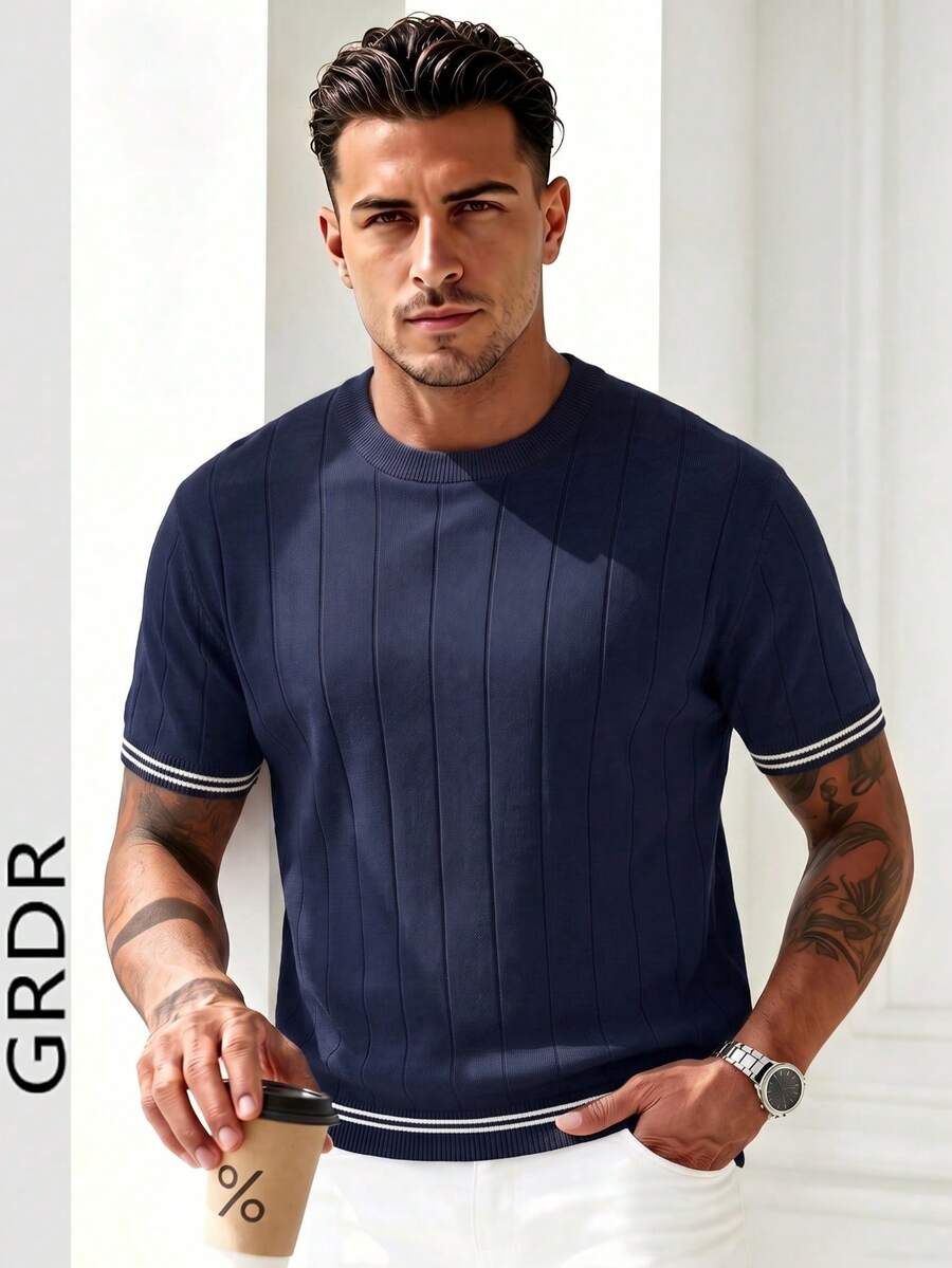 GRDR Men's Summer Ribbed Crew Neck Loose Fit Thin Knit Short Sleeve Sweater