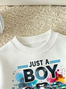 Young Boy Cartoon Print Crew Neck Long Sleeve Sweatshirt And Denim Jeans - White - View 3