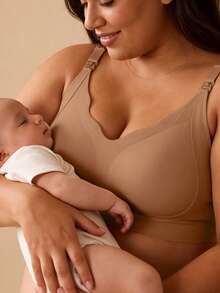 大尺碼孕婦哺乳內衣 無鋼圈半固定式可掀開前開式 產後哺乳防下垂內衣 - 卡其色 - 查看 3