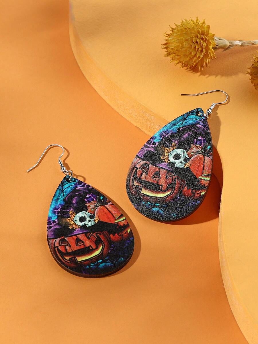 1pair Halloween Wood Magic Witch Hat Ghostly Pumpkin Skeleton Printed ...