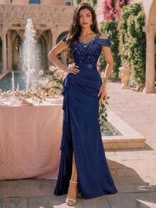 MIUSOL Off-Shoulder Sequin Floral Lace Patchwork Satin Side Ruched Ruffle Hem Formal Party Long Dress, Elegant Women's Outfit Summer - Navy Blue - View 5