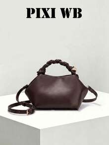 Minimalist Ruched Leather Handbag With Twisted Top Handle, Adjustable Shoulder Strap Soft Pouch Design, Fashion Versatile Crossbody Bag For Work Party - Coffee - View 6