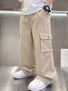 Tween Boys Casual Cargo Pants, Minimalist Classic Loose Fit Multi-Pocket Sports Long Pants, All-Season Streetwear Campus Versatile - Apricot - View 3