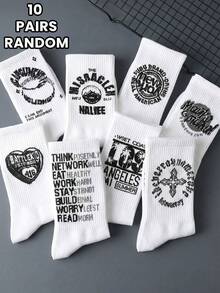 1/5/10 Pairs Random Style White Men's Mid-Calf Socks, Street Fashion Letter Print, Hip-Hop Sports Style, All-Season Socks - Multicolor - View 10