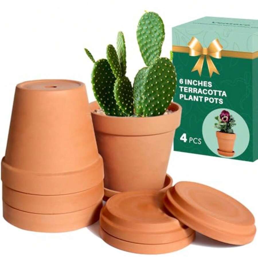 vensovo - Macetas de terracota y arcilla de 6 pulgadas para plantas con platillo, paquete de 4 macetas de terracotta mediana con orificio de drenaje, maceta para plantas de interior y exterior - Ver 1