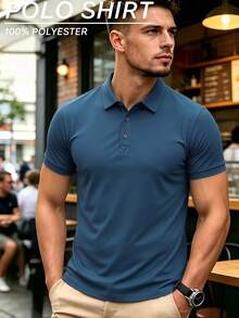 Men's Summer Lightweight Fabric Polo Shirt | Fitted Short Sleeve Solid Color Collared Top, Suitable For Daily, Commute, Office, Light Sports And Beach Wear - Navy Blue - View 11