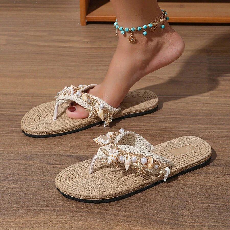 Elegant Bohemian Style Shell & Starfish Embellished Sandals, Fashionable & Chic For Beach, Party, Holiday, Suitable For Summer - Beige - View 1