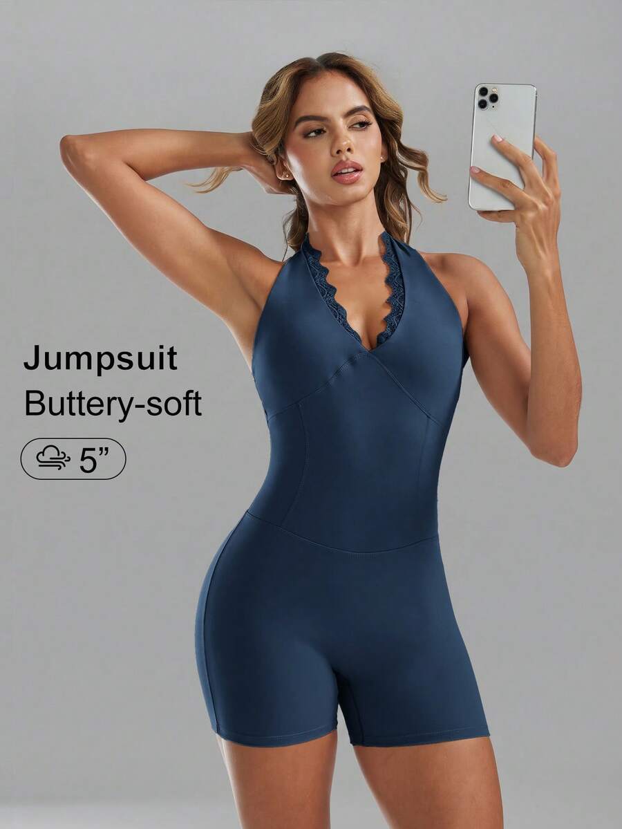 6pecil Women's Sexy Lace Trim Halter V-Neck Backless Deep V-Neck Fitted Jumpsuit, Suitable For Daily Casual, Yoga, Fitness Wear - Navy Blue - View 1