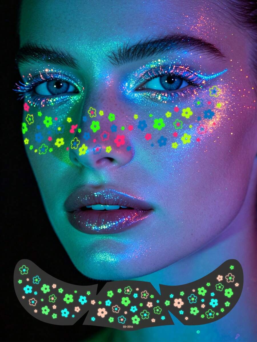 2 piezas Pegatinas de tatuaje de pecas con flores que brillan en la oscuridad y neón, pegatinas faciales florales que brillan en la oscuridad, tatuajes de pecas, tatuajes falsos para fiestas y uso diario