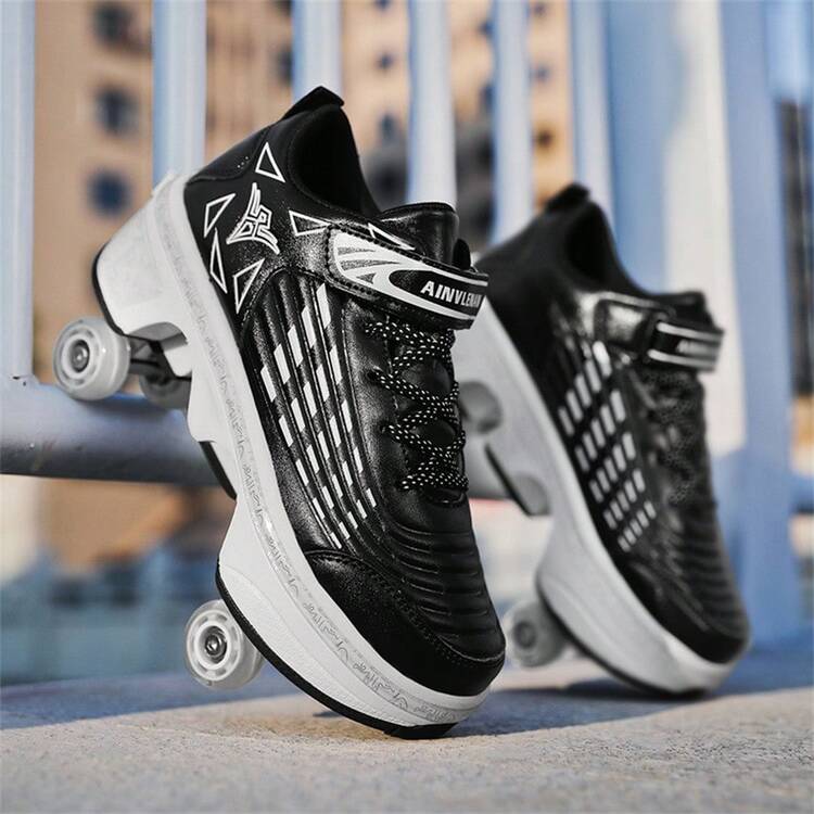 Outdoor Sports 4-Wheel Roller Skates, 2-In-1 Roller Skates/Inline Skates, Transformable Dual-Roller Skates For Men And Women, With Buttons And Wheels - Black - View 10