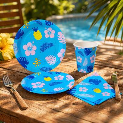 55/25/10 piezas Juego de platos, servilletas y vasos desechables con tema de verano, suministros para fiestas, adecuado para 10 invitados, platos de papel desechables para mesa de fiesta para cumpleaños, boda, fiesta, picnic familiar