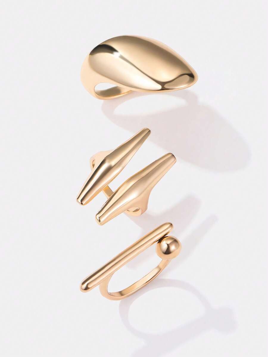 Kryxie Set Cincin Geometris Asimetris Emas Minimalis 3 Buah/Set, Hadiah Perhiasan Serbaguna untuk Wanita, Cocok untuk Pesta - MultiWarna - View 1