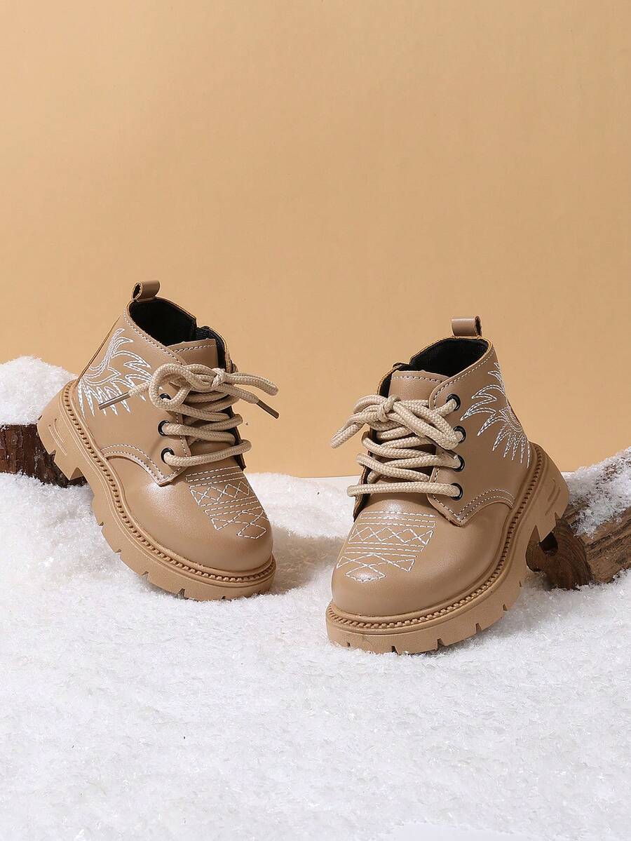 1 Pair Children's Chinese Style Embroidered Lace-Up Ankle Boots, Autumn/Winter New Side Zipper Thick Sole Work Boots - Khaki - View 1