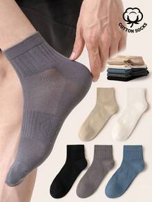 5 Pairs Men's Cotton Crew Socks, Vertical Rib Mesh Breathable Mid Calf Socks, Moisture Wicking Odor Resistant Solid Neutral Color Daily Casual Socks - Multicolor - View 1