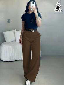 Women's Plus Size Woven Straight Leg Pants With Button & Zipper Detail Long Medium Stretch For Fall Outfits Brown - Brown - View 2