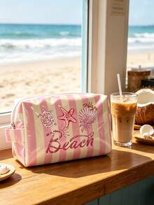 Colorful Striped Beach Makeup Bag, Beach Print, Waterproof PVC Toiletry Bag, Portable Travel Makeup Bag, Multi-Functional Toiletry Bag, Vacation Makeup Bag, Perfect For Swimming, Beach, Diving And Summer Vacation, Suitable For Friends, Family, Best Friends, Classmates. Perfect For Birthday, Holiday, Party, Mother's Day, Teacher's Day Gifts And Souvenirs.,Back To School - Multicolor - View 6