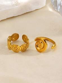 2pcs Stainless Steel Summer Vacation Style Ribbed Rings, Suitable For Women To Wear At The Beach - Gold - View 4