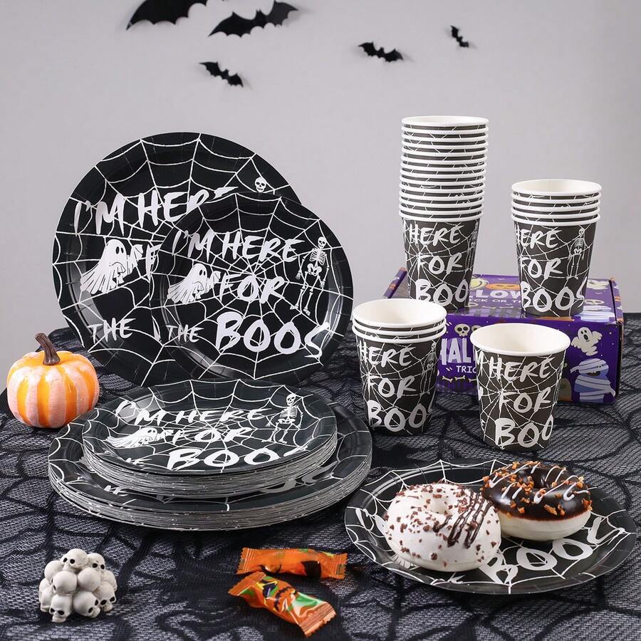 20/24/40pcs Minimalist Black & White Spider Web Ghost Skull 7/9 Inch Round Paper Plate & Cup Set, Halloween Disposable Tableware, Gothic Style Dessert Table, Haunted House Dinner, Picnic, Camping BBQ And Buffet Decoration - Multicolor - View 1