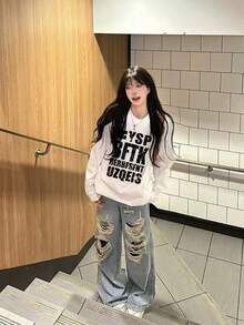 女款美式街頭風字母印花長袖上衣，寬鬆版型百搭休閒上衣，黑色，秋季 - 白色-1 - 查看 4