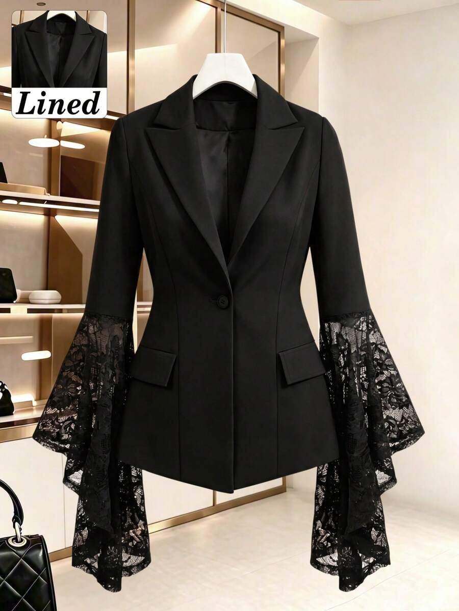 Women's Elegant Autumn/Winter Commute Daily Solid Color Lace Patchwork Asymmetric Ruffle Sleeve Slim Fit Single-Breasted One-Button Long Sleeve Blazer Jacket With Lining - Black - View 1