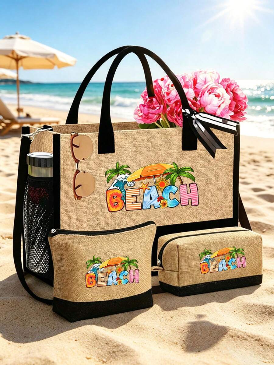 黑色卡其色套裝，印有「Beach」文字，沙灘包、化妝包、小方包，大容量，可調節肩帶，方便的小包組合，解決旅行化妝品雜亂問題，專業化妝包，方包，托特包，零錢包，收納包，鉛筆盒，手提包，盥洗包，適合婚禮、沙灘，度假與假日的完美選擇，適合日常使用，送給女性、母親、老師、朋友、伴娘、學生的好禮