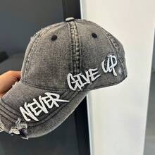 1pc New Letter Embroidered Washed Denim Baseball Cap Women American Vintage Distressed Duck Bill Hat Soft Top Large Head Circumference - Multicolor - View 7